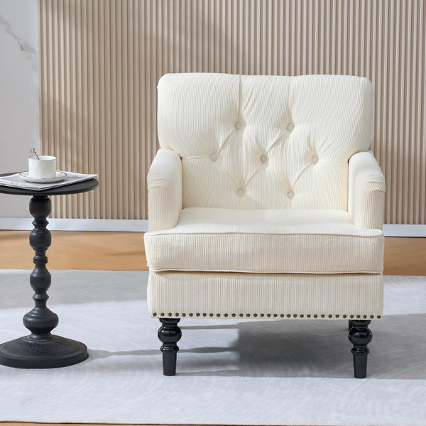 English Elm Tufted Button Corduroy Accent Chair Mid Century Studded Armchair for Living Room Beige W3523P387526