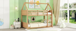 English Elm Twin House Floor Bunk Bed With Guardrails & Ladder - Solid Rubberwood, White Oak Finish, Ideal For Kids W504P227942-GIGA