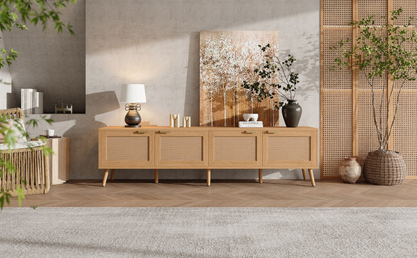 English Elm 70inch Rattan Door Media Console with Pine Legs and Cable Management for Living Room N710P365049P