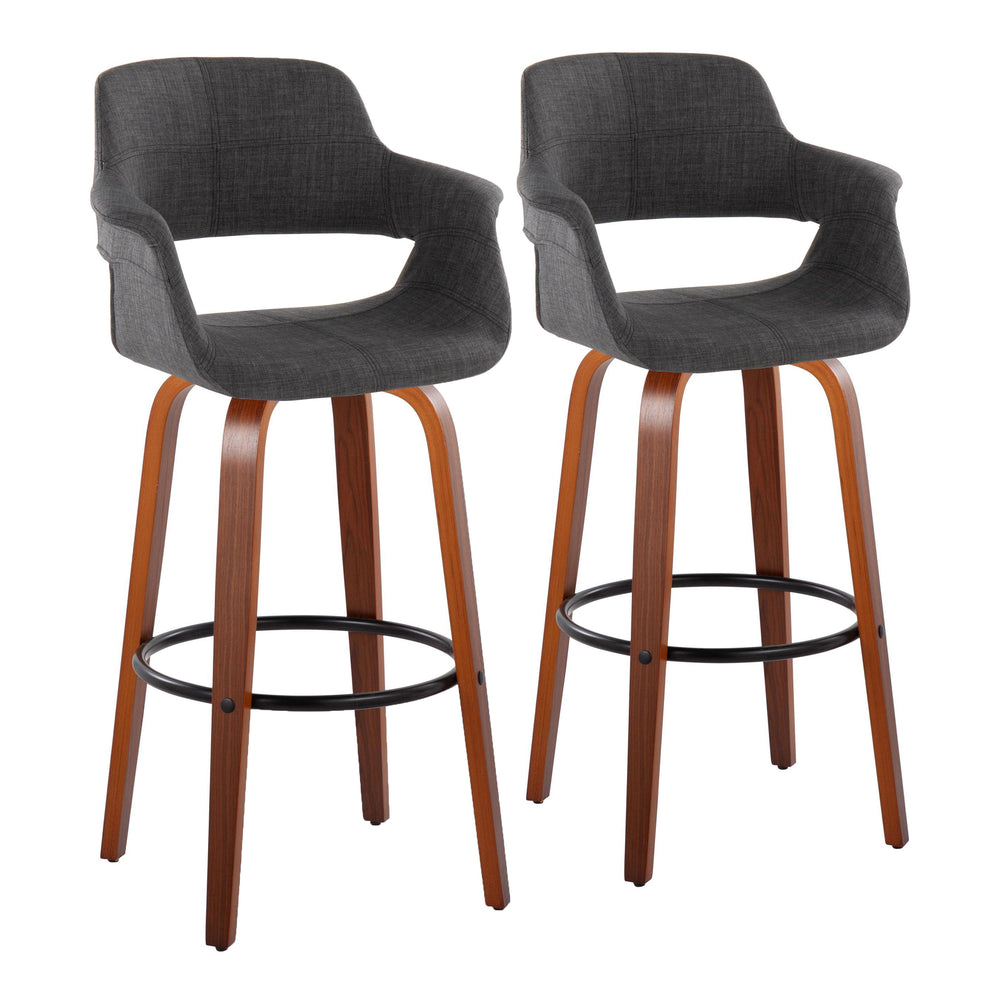 English Elm Vintage Flair 30" Mid-Century Barstool Set of 2 — Walnut Legs, Charcoal Fabric, 360° Swivel & Footrest B202S00712