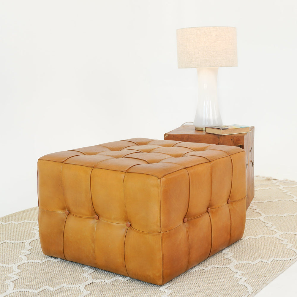 English Elm Ashcroft Furniture - Benjiro Mid-Century Tan Leather Ottoman 18"H x 27.5"W Square Stool Solid Wood Frame Accent Seat B183P232118
