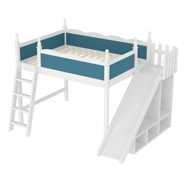 English Elm Twin Loft Bed Solid Pine Frame with Wardrobe Shelving Detachable Slide Kids Room White+Blue W5305S00024