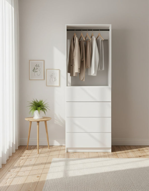 English Elm Prosper 32" White Wood Walk-In Closet — Freestanding Oak Finish, Durable Melamine, Two Rods & Ample Storage B040S00144