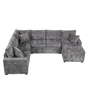 English Elm 112.2" Sectional Sofa Pull-Out Bed with Storage Ottoman, USB Charging, Pocket Spring Comfort, Tweed Chenille Upholstery Grey N719S001540E