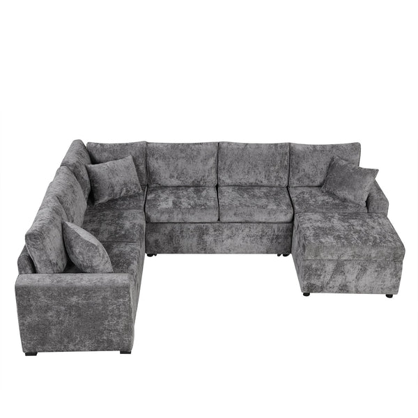 English Elm 112.2" Sectional Sofa Pull-Out Bed with Storage Ottoman, USB Charging, Pocket Spring Comfort, Tweed Chenille Upholstery Grey N719S001540E