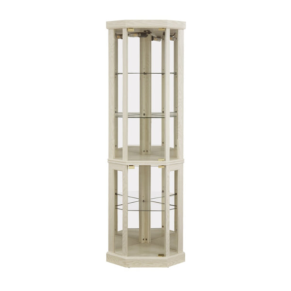 English Elm Corner Lighted Curio Cabinet with Mirrored Back Glass Shelves Classical Living Room Display Antique White W2275P194426