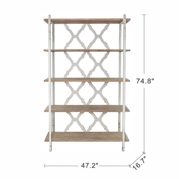 English Elm 47x16.5x75" Five Tier Fir Wood Bookcase Ornate Farmhouse Open Shelving Display Unit W2078P484434