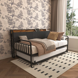 English Elm Daybed Upholstered Twin with Trundle, Built-In Charging Station, RGB LED Lights, Lockable Casters W2129P244628