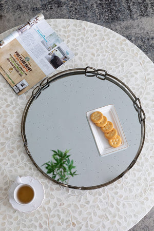 English Elm D18x2" Valentina Silver Round Mirror Tray with Distressed Openwork Frame, Speckled Glass Surface for Vanity Decor W2078P391069