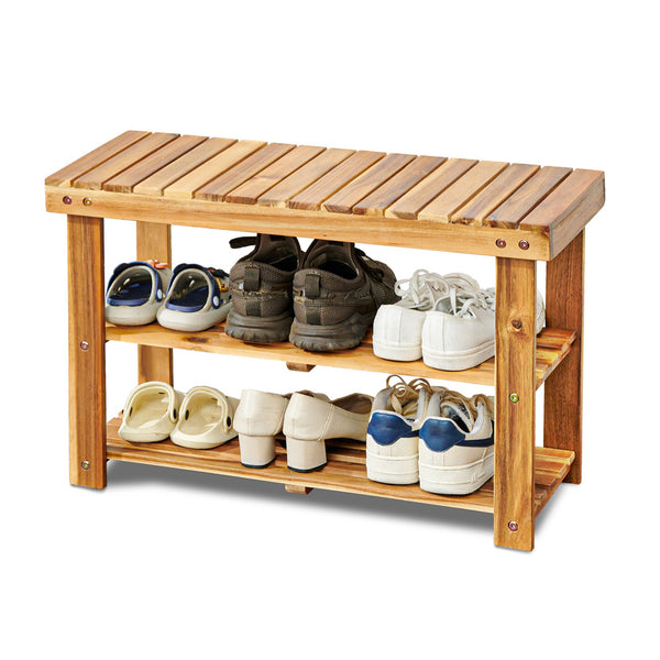 English Elm Acacia 2-Tier Shoe Rack Bench — Natural Acacia Wood Organizer, Compact 200 lb Seat, Easy Assemble W2391P149801