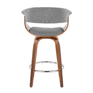 English Elm Vintage Mid-Century Counter Stool with Swivel Walnut Wood Legs, Cushioned Backrest & Chrome Footrest Grey B202S00471