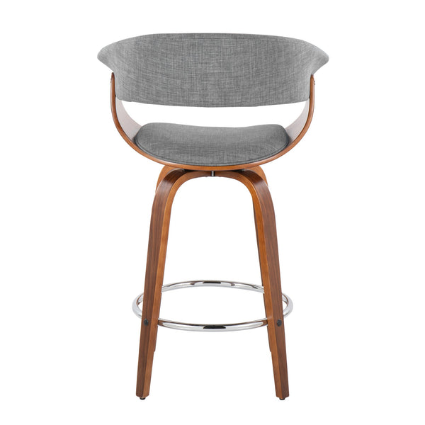 English Elm Vintage Mid-Century Counter Stool with Swivel Walnut Wood Legs, Cushioned Backrest & Chrome Footrest Grey B202S00471