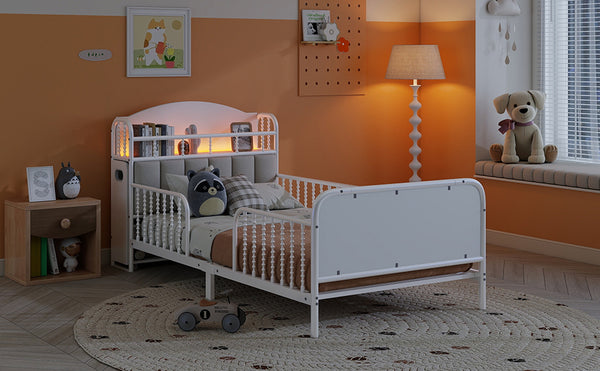 English Elm Twin Solid Wood Platform Bed with Guardrail for Kids, Low-Profile Sturdy Pine Frame, Safe Sleep Solution White 45.87 L x 17.72 W x 11.22 H W2593P337454