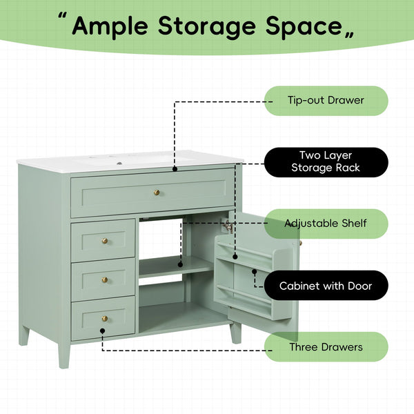English Elm 36-Inch Green Bathroom Vanity With Sink - Modern Mdf & Rubberwood Freestanding Storage Solution N725P350821F