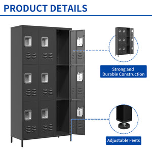 English Elm 9 72"H Metal Lockers 9-Door Steel Locking Locker Cabinet for Gym, School, Office, Home Storage, Gray T2398P282152