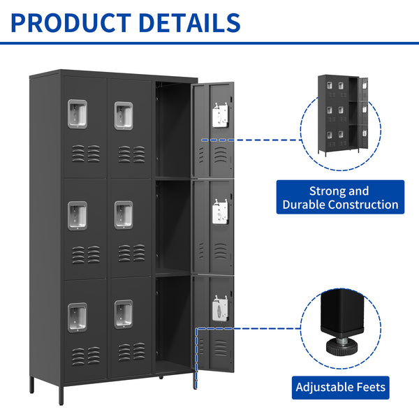 English Elm 9 72"H Metal Lockers 9-Door Steel Locking Locker Cabinet for Gym, School, Office, Home Storage, Gray T2398P282152