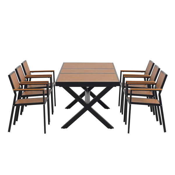 English Elm U_Style Outdoor Extendable Dining Set with 6 Sturdy Chairs, Heavy-Duty 352 lb Table Capacity, Stylish Black,Natural WY000443AAB