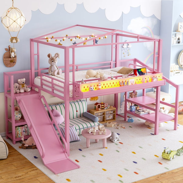 English Elm Twin Metal Loft Bed with Built-in Wardrobe Storage Stairs Led Lights and Usb Ports W5316S00048