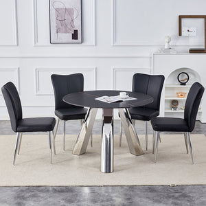 English Elm 42-inch Sintered Stone Round Dining Set with 4 Black PU Chairs, Mirror-Polished Steel Base, Modern Luxury W1512S00115
