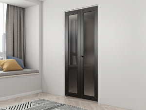 English Elm 30 in Matte Mdf Bi-fold Door with Frosted Glass Panels Hardware and Handle Included Black B2763P483222