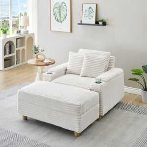 English Elm White Corduroy Single Sofa with Built-In Arm Storage, Ottoman Storage, Removable Covers, 57" W1658S00138