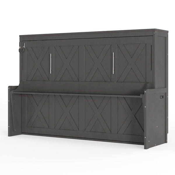 English Elm Full Murphy Bed with Fold Down Desk Led Lighting and Usb Port for Studio Spaces Dark Gray W1580S00455