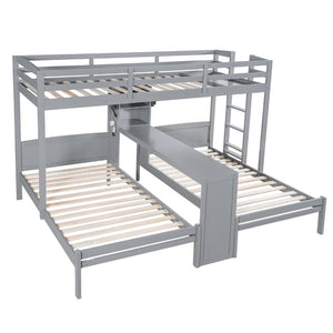 English Elm Twin Triple Bunk Bed with Built in Desk Open Shelving and Led Task Lighting Gray N7090002243E