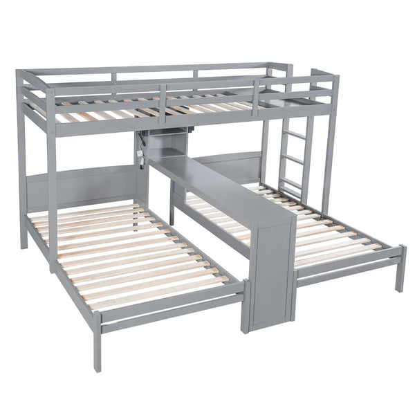 English Elm Twin Triple Bunk Bed with Built in Desk Open Shelving and Led Task Lighting Gray N7090002243E