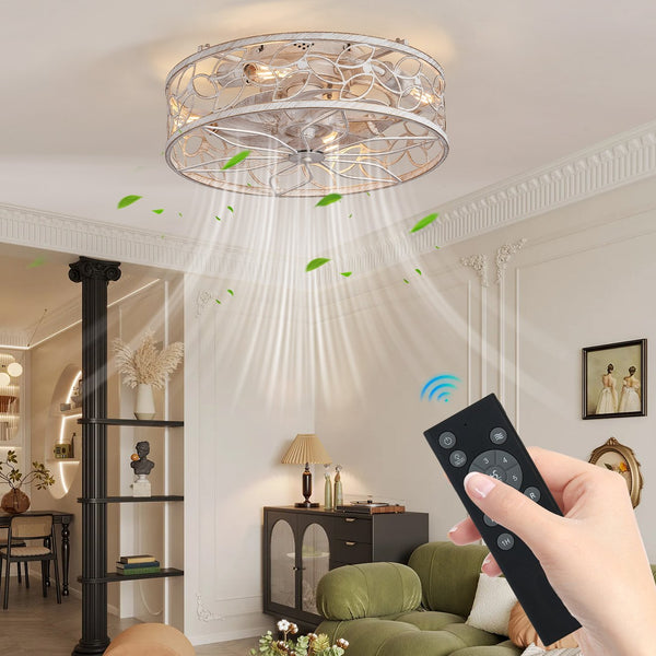 English Elm 18-inch Vintage Caged Ceiling Fan Light with Remote, Quiet DC Motor, Industrial Farmhouse Fixture White W1340P246415