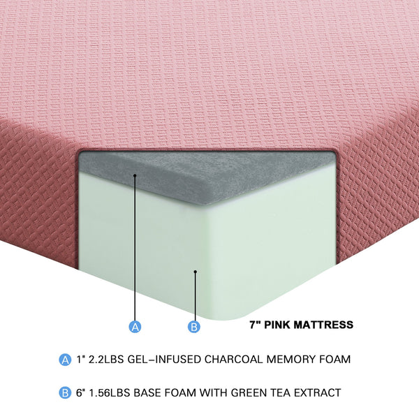 English Elm 7inch Gel-Infused Charcoal Memory Foam Full Mattress & Pillow Set Pink Breathable Fabric, Cooling Support B011P213351