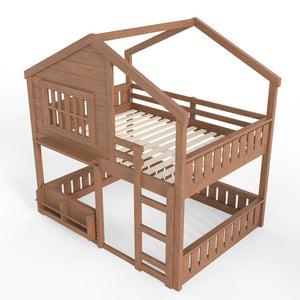 English Elm Full Bunk Bed with Trundle Bookshelf Storage Pine Frame Car Design for Kids Natural W1580S00522