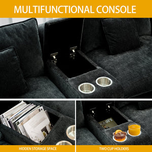 English Elm U Shaped Sectional Cloud Couch for Living Room 144" Plush Modular Sofa with Ottoman Storage Console Cupholders Black W3276S00011