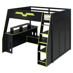 English Elm Full Size Wood Loft Bed with Rgb Lighting Desk and Multi-tier Shelves for Gaming Green LT000374AAG