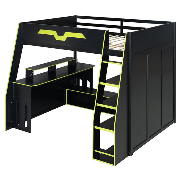 English Elm Full Size Wood Loft Bed with Rgb Lighting Desk and Multi-tier Shelves for Gaming Green LT000374AAG