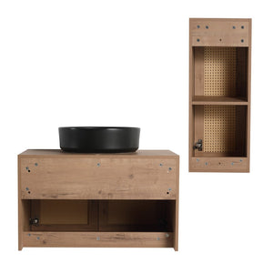 English Elm 30" Floating Bathroom Vanity Set with Ceramic Vessel Sink and Rattan Side Cabinet W999S00496