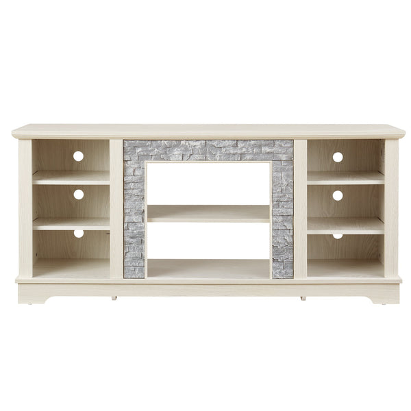 English Elm Mantel Stone TV Media Stand with Faux Stacked Stone Surround, Modern Console with Ample Storage and Cable Management for TVs up to 65" White W1758P187685