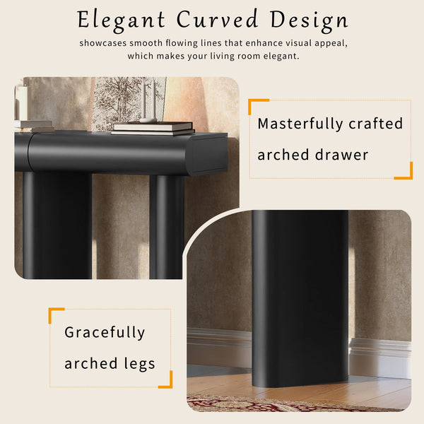 English Elm U_Style 47.6" Modern High-Gloss Entryway Table with Curved Drawers, Geometric Legs & Storage Black N711P285757B