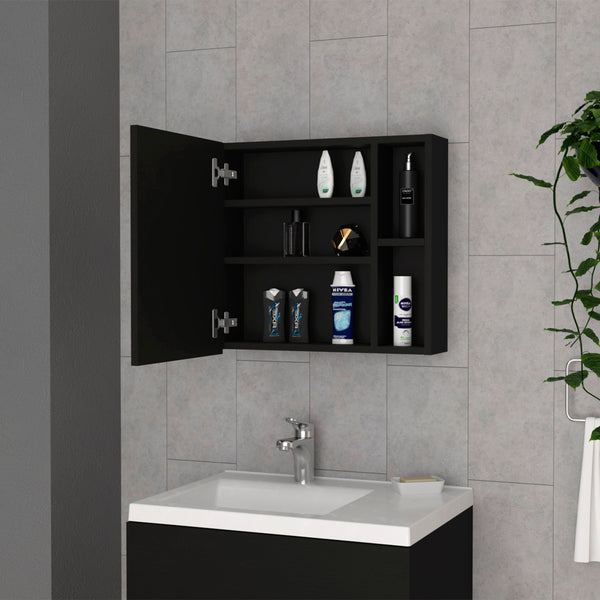 English Elm Medicine Mirrored Wall Cabinet with Raised Top, Modular External Shelves & Three Interior Shelves for Organized Storage and Stylish Bathroom Functionality Black 23.62 L x 19.68 W x 5.91 H B097133142