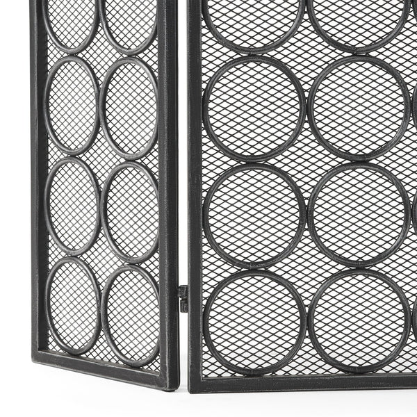 English Elm Christopher Knight Home® - FIRE Three-Panel Iron Firescreen Black Silver — Foldable Mesh Spark Guard with Chic Circular Pattern, 30" H 65179.00BLKSILV