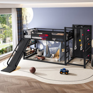 English Elm Twin Metal Loft Bed with Slide Basketball Hoop Climbing Wall and Built-in Shelves Black W1580S00342