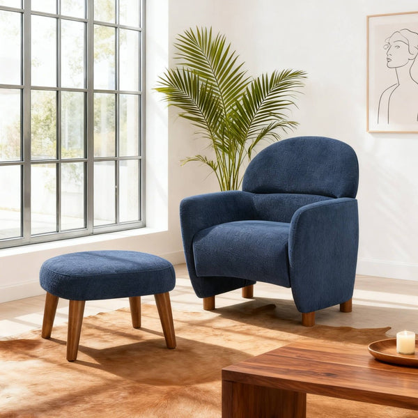 English Elm Modern Upholstered Accent Chair with Ottoman Set for Cozy Reading Nooks and Small Spaces Blue W2085P382558