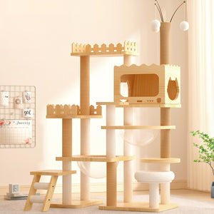 English Elm 66.9" Tall Wood Cat Tree with Acrylic Hammock Sisal Posts and Perch for Indoor Cats W3101P445946