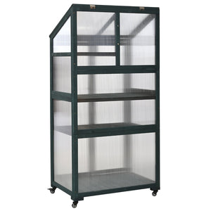 English Elm Topmax Fir Wood Portable Greenhouse with Polycarbonate Panels Adjustable Shelves and Casters N717P221494F