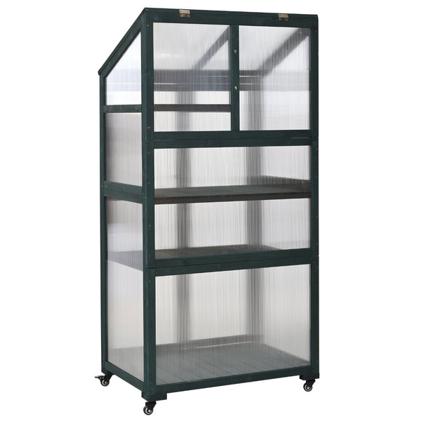 English Elm Topmax Fir Wood Portable Greenhouse with Polycarbonate Panels Adjustable Shelves and Casters N717P221494F