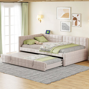 English Elm Full L-Shaped Upholstered Daybed with Pull-Out Twin Trundle, Built-In USB Ports, Modern Chic Design Beige SF000192AAA