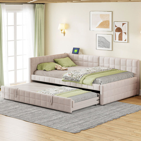 English Elm Full L-Shaped Upholstered Daybed with Pull-Out Twin Trundle, Built-In USB Ports, Modern Chic Design Beige SF000192AAA