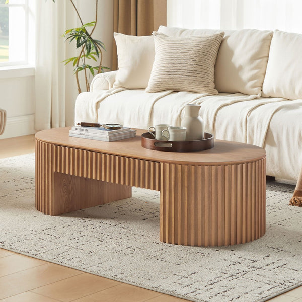 English Elm 51.18'' Oval Mdf Coffee Table with Hidden Drawer Mid-century Pedestal Base Oak W876P370282