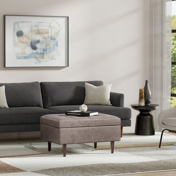 English Elm Shay Mid Century Storage Ottoman Coffee Table with Lift-Top, Tufted Vegan Leather, Wood Frame Gray B136P252673