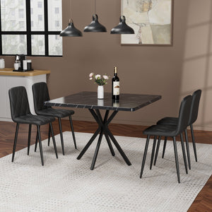 English Elm Square MDF Dining Set for 4 with Faux Marble Top, Mid-Century Modern Iron Legs, Easy-Clean Surface Black W578S00027