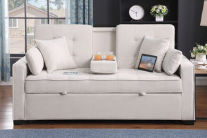 English Elm Corrado Woven Fabric Sleeper Loveseat with Console Cup Holders and Charging Ports Beige B2749S00242